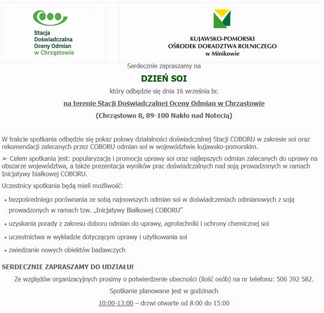 plakat:SDOO Chrząstowo zaprasza na Dzień soi  16 września 2026 rku godzina 10:00-13:00  Serdecznie zapraszany do udziału